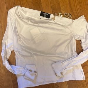 Balmain inspired white asymmetrical top, Sz 40